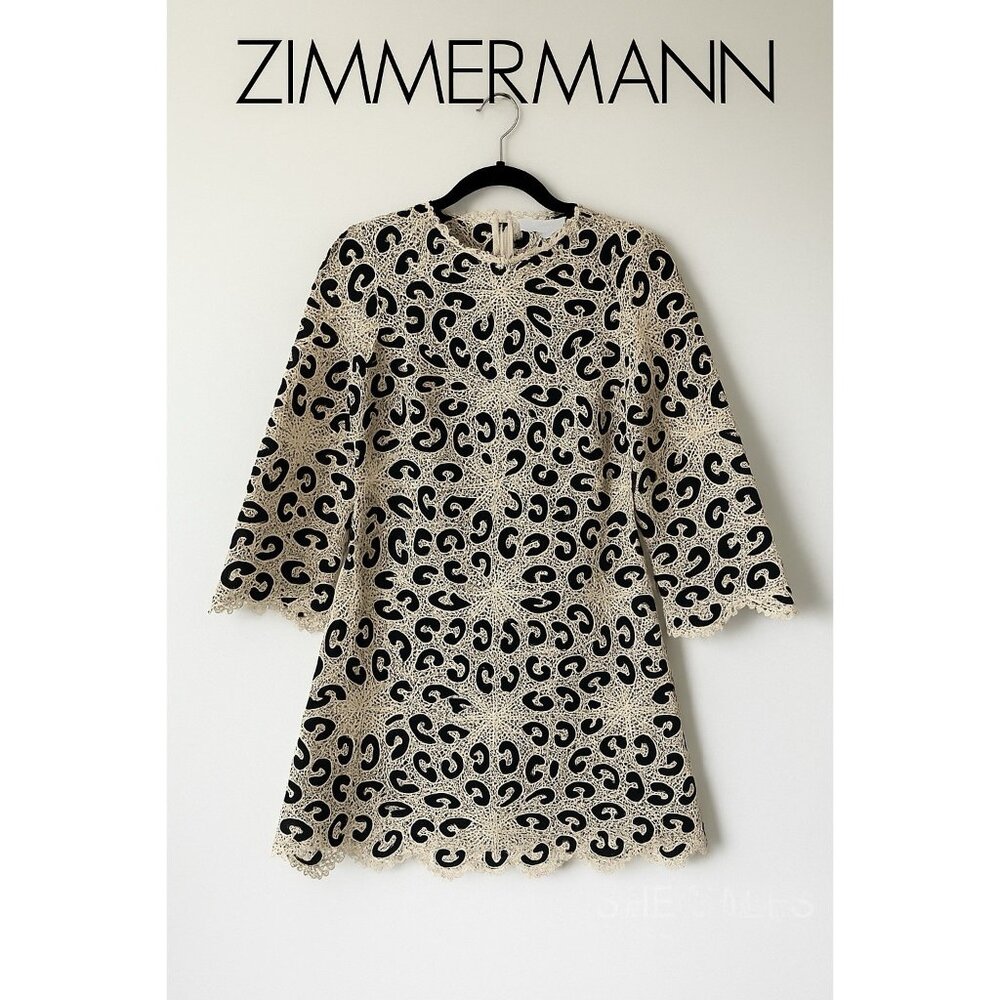 Zimmermann Orttie Lace Mini Dress Cream Black Size 0/2 Intricate Crochet Overlay